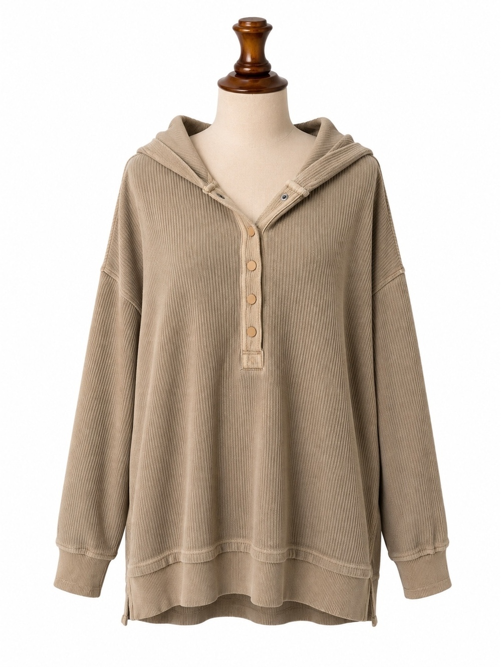 Aerie Ribbed Hooded Henley Pullover Sweater Taupe Beige Oversized Small
